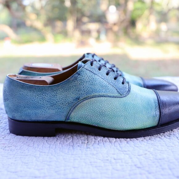 Crockett & Jones Barneys 9.5-D Pebbled Blue Multicolor Captoe Oxford - Picture 10 of 16